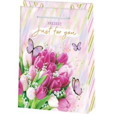 Пакет подарочный бумага 13,7*11см Тюльпаны и бабочки 10-10-134 ламинация